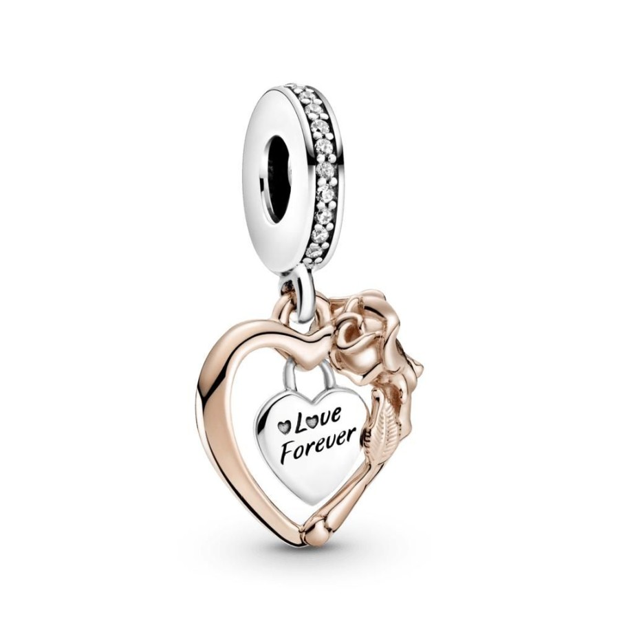 Charms Joyas Pandora | Charm Colgante Corazon Y Rosa Recubrimiento En Oro Rosa De 14K