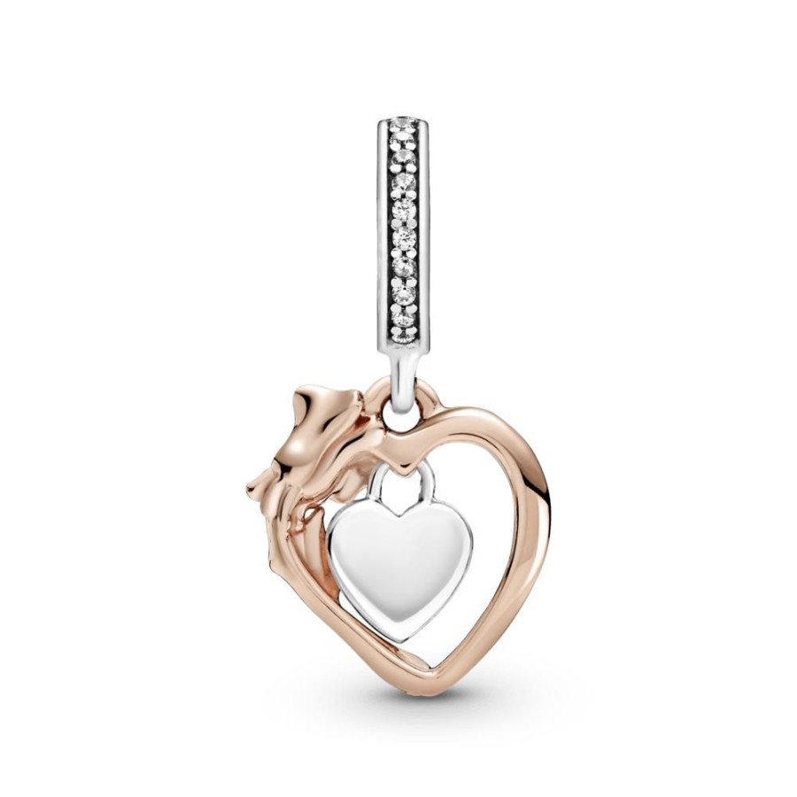 Charms Joyas Pandora | Charm Colgante Corazon Y Rosa Recubrimiento En Oro Rosa De 14K