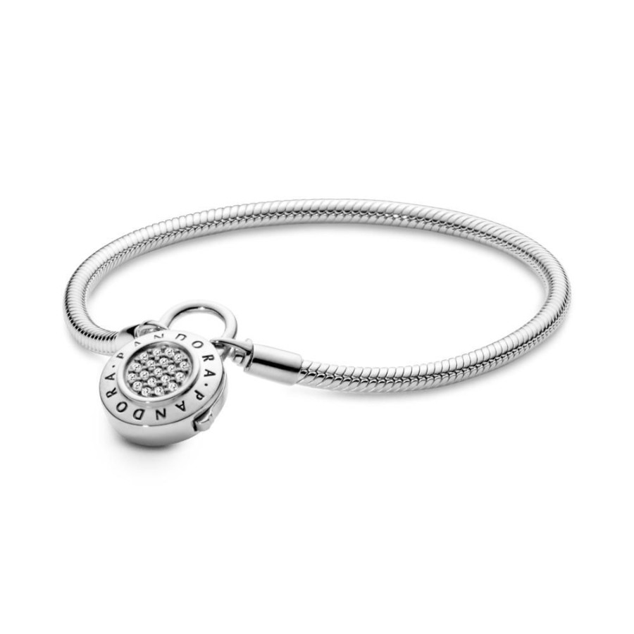 Brazaletes Joyas Pandora | Brazalete De Cadena De Serpiente Con Broche De Candado De Pave Pandora Signature