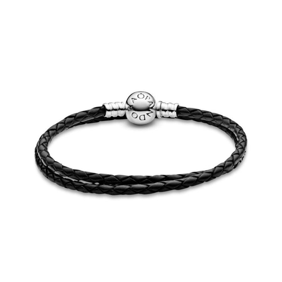 Brazaletes Joyas Pandora | Brazalete Doble De Cuero Negro Pandora Moments