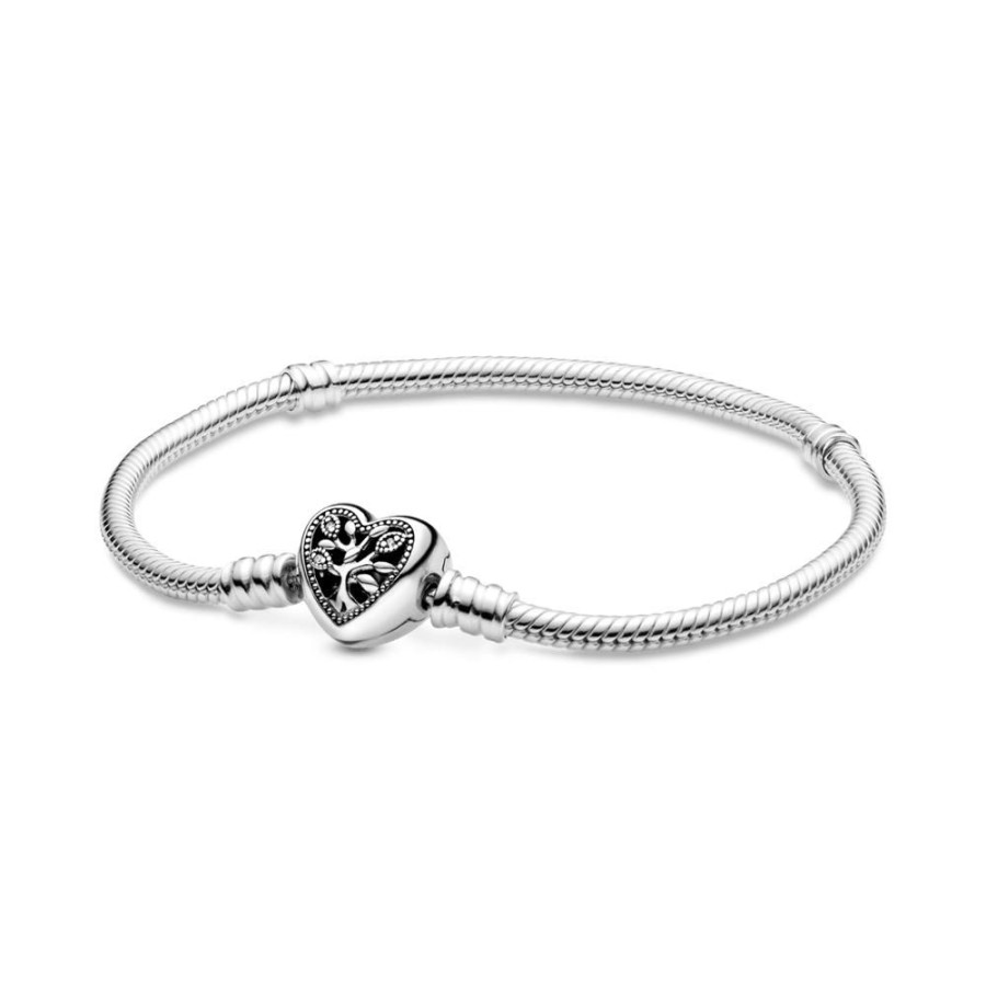 Brazaletes Joyas Pandora | Brazalete Cadena De Serpiente Pandora Moments Con Broche De Corazon Decorado Con El Arbol De Familia