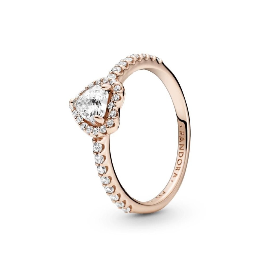 Anillos Joyas Pandora | Anillo De Corazon Elevado Brillante Recubrimiento En Oro Rosa De 14K