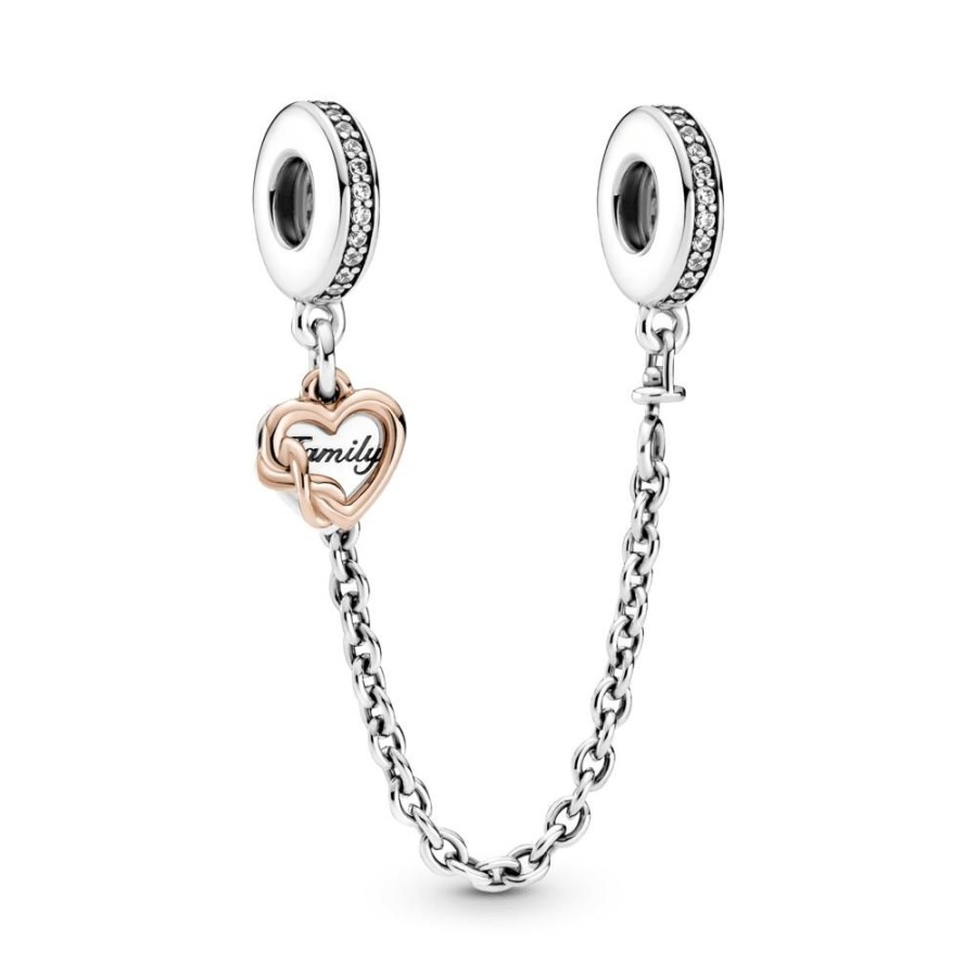 Charms Joyas Pandora | Cadena De Seguridad Corazon De Familia Recubrimiento En Oro Rosa De 14K