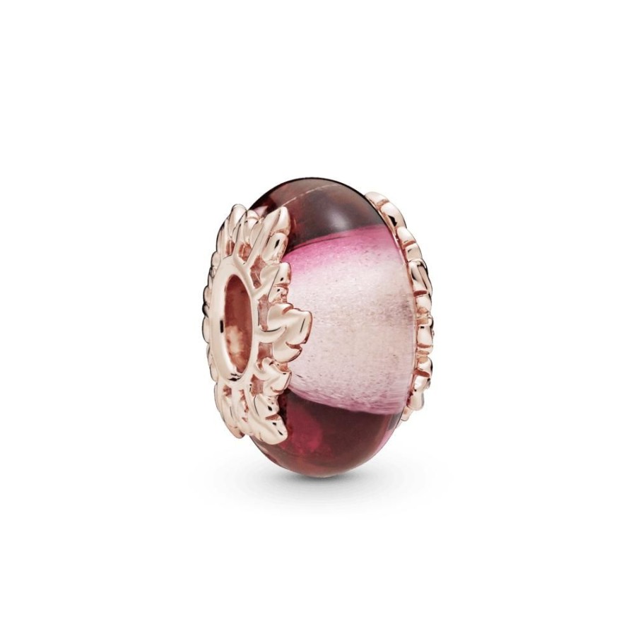 Charms Joyas Pandora | Charm De Cristal Murano Rosa Y Hojas Recubrimiento En Oro Rosa De 14K