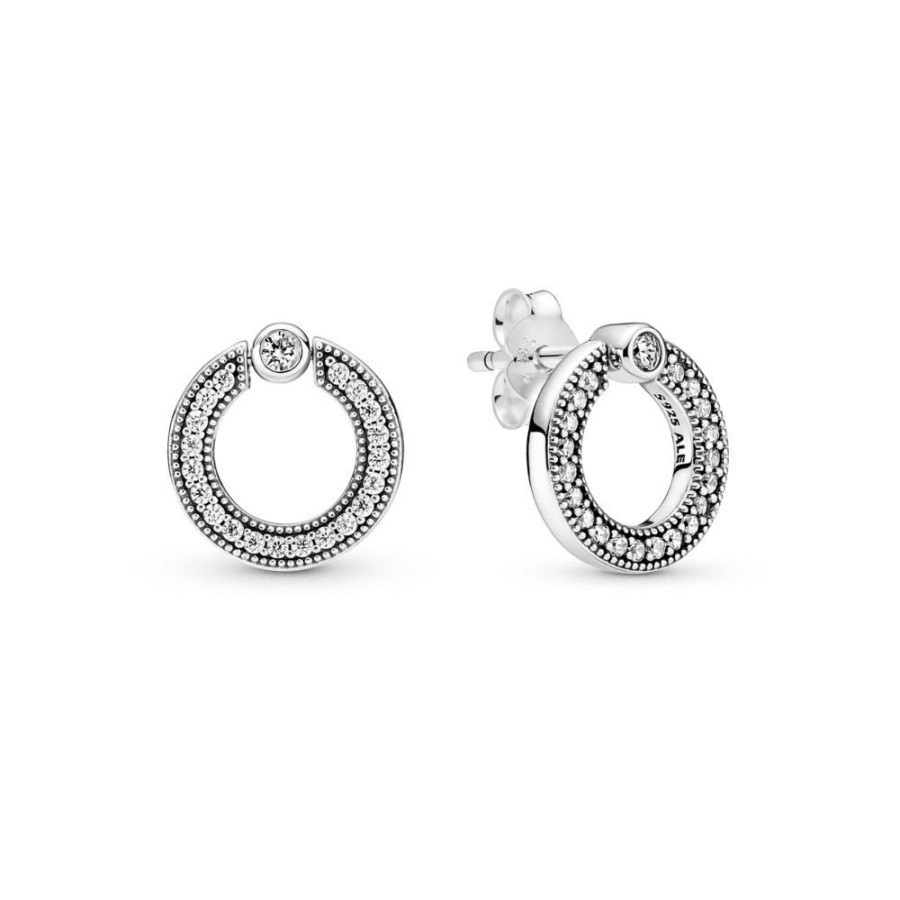 Aretes Joyas Pandora | Aretes De Boton Reversibles Circulo De Pave Y Logotipo