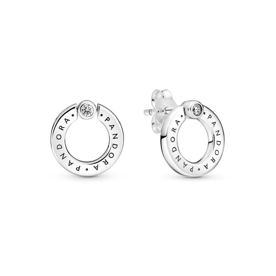 Aretes Joyas Pandora | Aretes De Boton Reversibles Circulo De Pave Y Logotipo