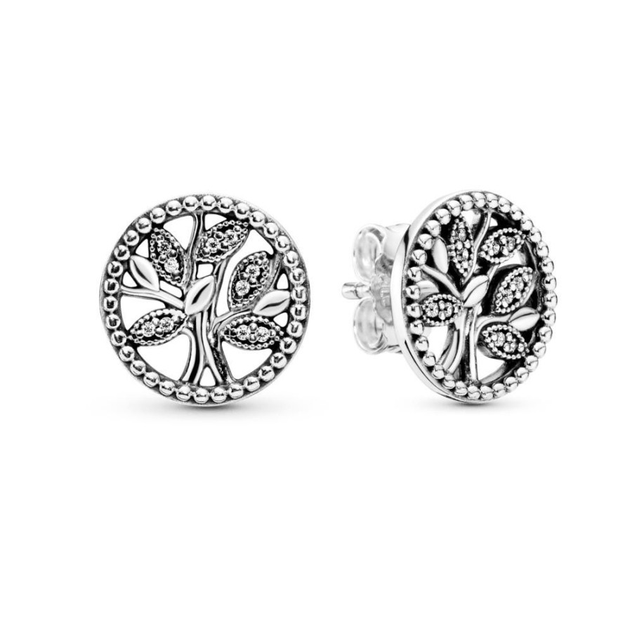 Aretes Joyas Pandora | Aretes De Boton Arbol De Familia Deslumbrante