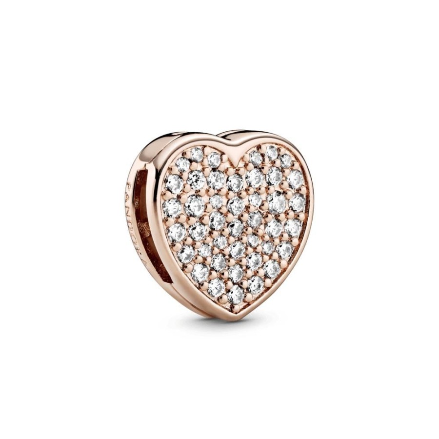 Charms Joyas Pandora | Charm Sujetador Corazon De Pave Recubrimiento En Oro Rosa De 14K Reflexions