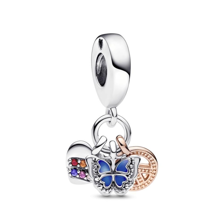 Charms Joyas Pandora | Charm Colgante Triple Corazon Arcoiris, Mariposa Y Paz De Dos Tonos