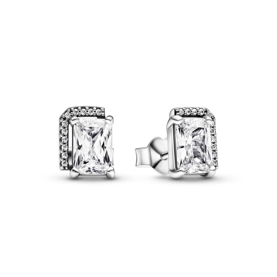 Aretes Joyas Pandora | Pendientes De Boton Halo Brillante Rectangular Pandora Plata Esterlina