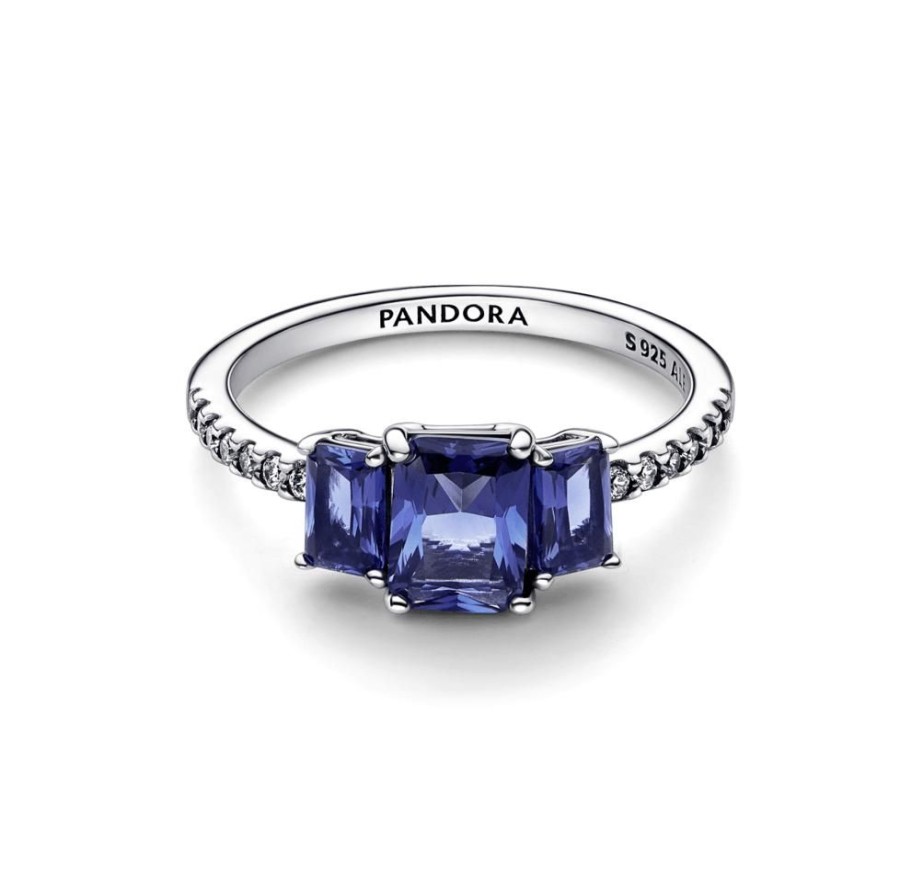 Anillos Joyas Pandora | Anillo Reluciente Con Tres Piedras Rectangulares Azules Pandora Plata Esterlina