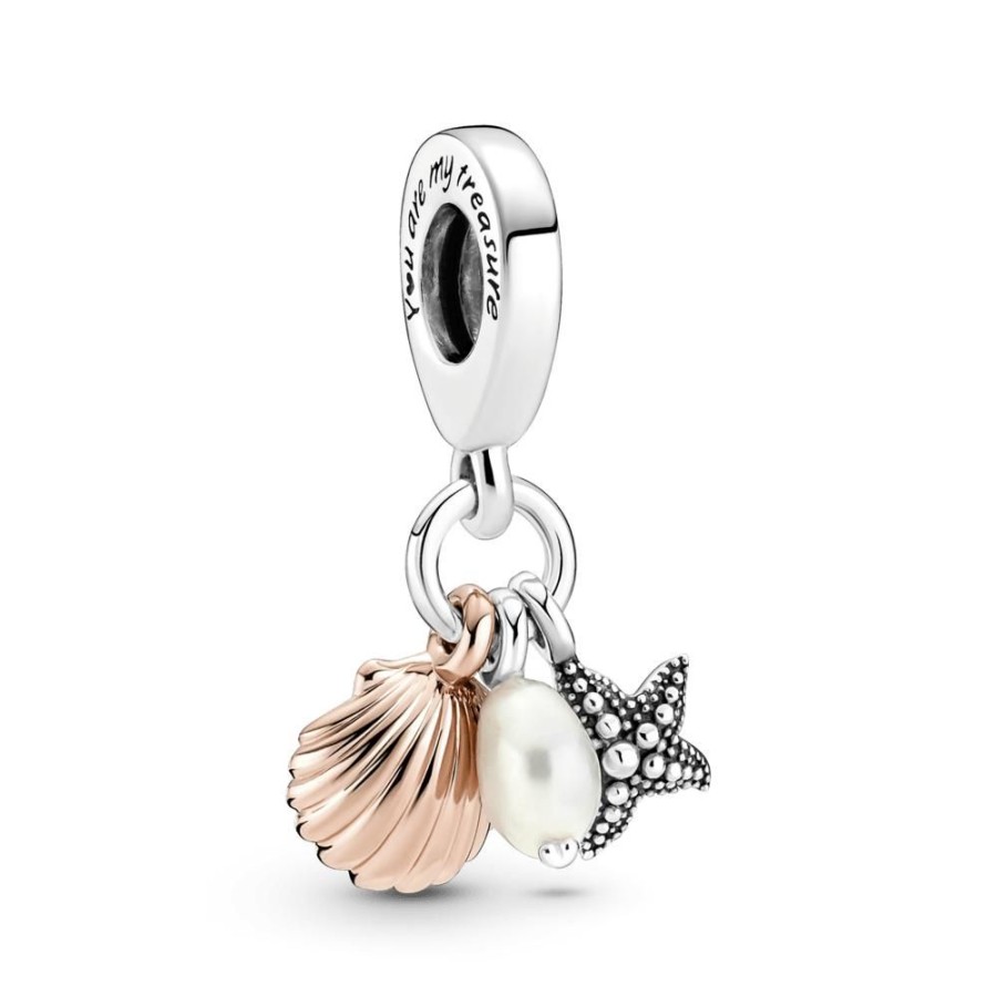 Charms Joyas Pandora | Charm Colgante Triple Perla Cultivada De Agua Dulce, Estrella De Mar Y Concha Recubrimiento En Oro Rosa 14K