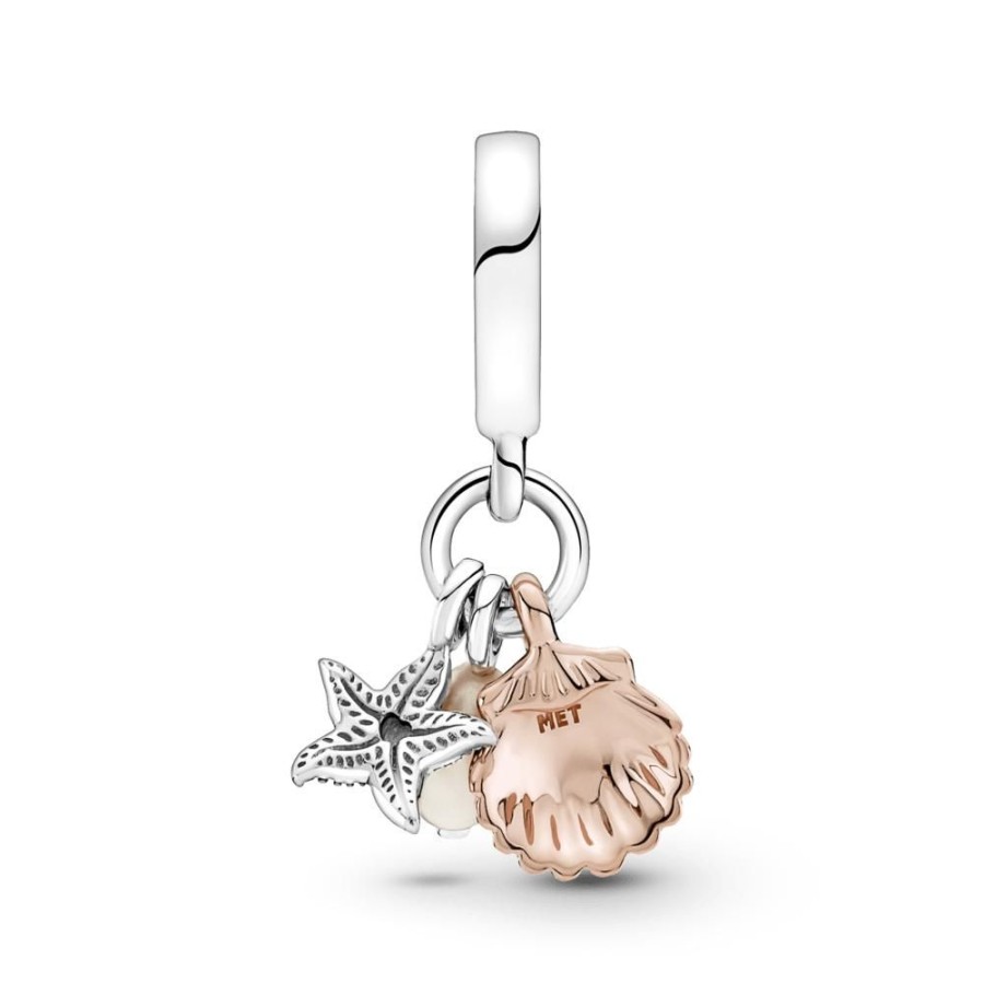 Charms Joyas Pandora | Charm Colgante Triple Perla Cultivada De Agua Dulce, Estrella De Mar Y Concha Recubrimiento En Oro Rosa 14K