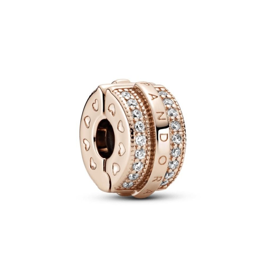 Charms Joyas Pandora | Charm Sujetador Lineas De Pave Relucientes Y Logotipo Recubrimiento En Oro Rosa De 14K