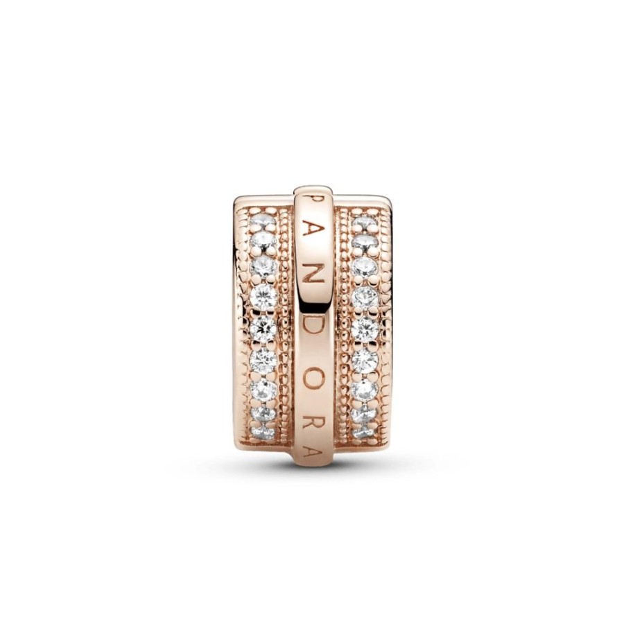 Charms Joyas Pandora | Charm Sujetador Lineas De Pave Relucientes Y Logotipo Recubrimiento En Oro Rosa De 14K