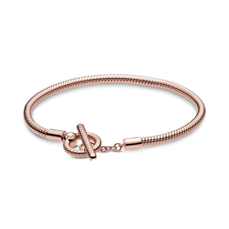 Brazaletes Joyas Pandora | Brazalete Cadena De Serpiente Con Barra T Recubrimiento En Oro Rosa De 14K Pandora Moments