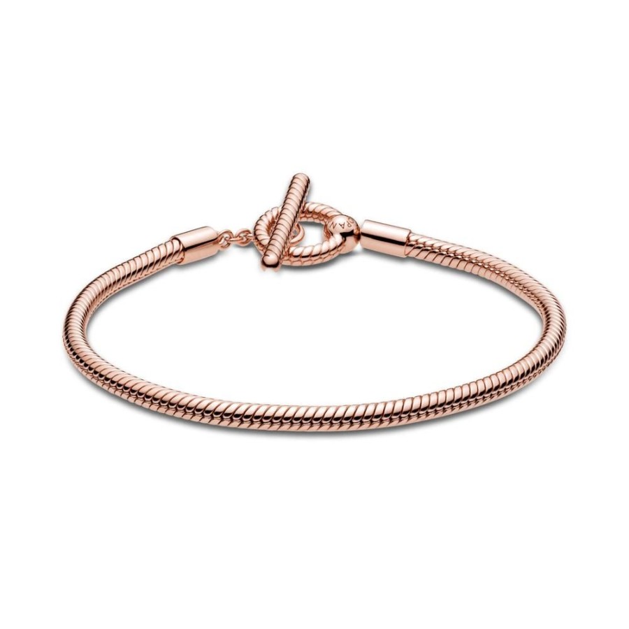 Brazaletes Joyas Pandora | Brazalete Cadena De Serpiente Con Barra T Recubrimiento En Oro Rosa De 14K Pandora Moments