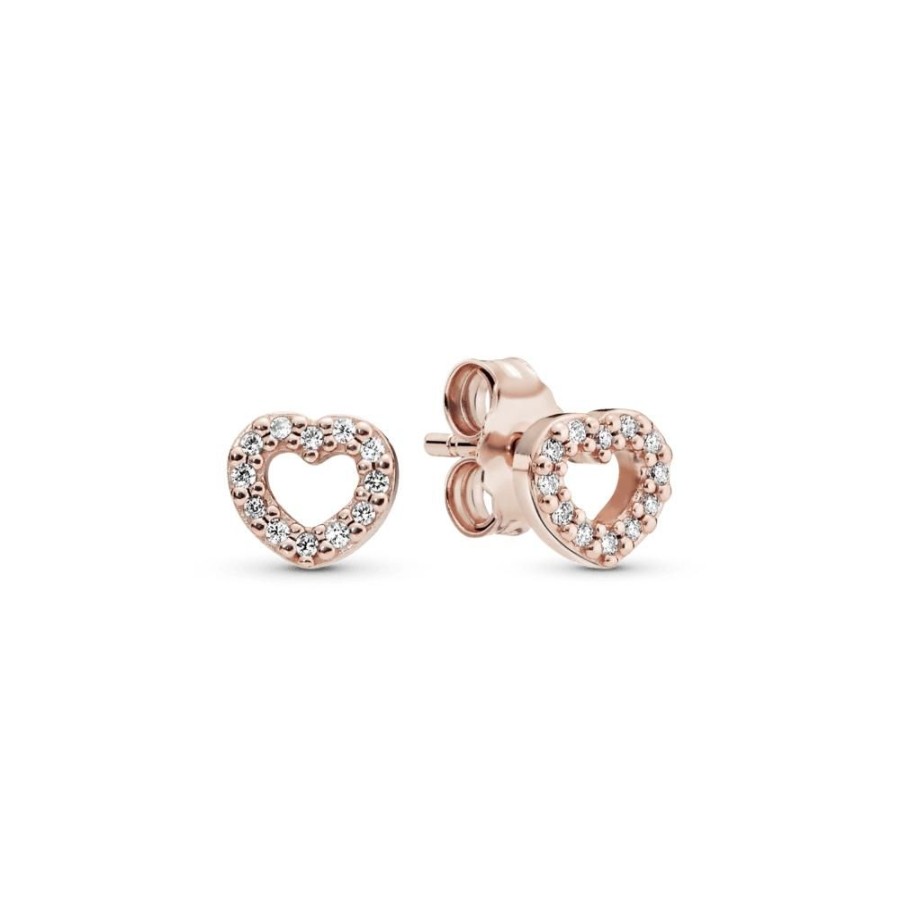 Aretes Joyas Pandora | Aretes De Boton Corazon Abierto Recubrimiento En Oro Rosa De 14K