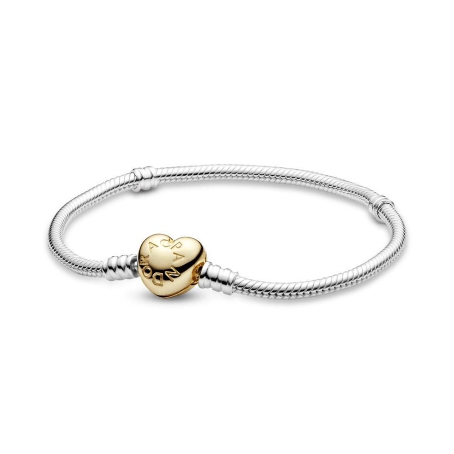 Brazaletes Joyas Pandora | Brazalete Pandora Moments Cadena De Serpiente Con Broche De Corazon Recubrimiento En Oro De 14K Amor Y Romance