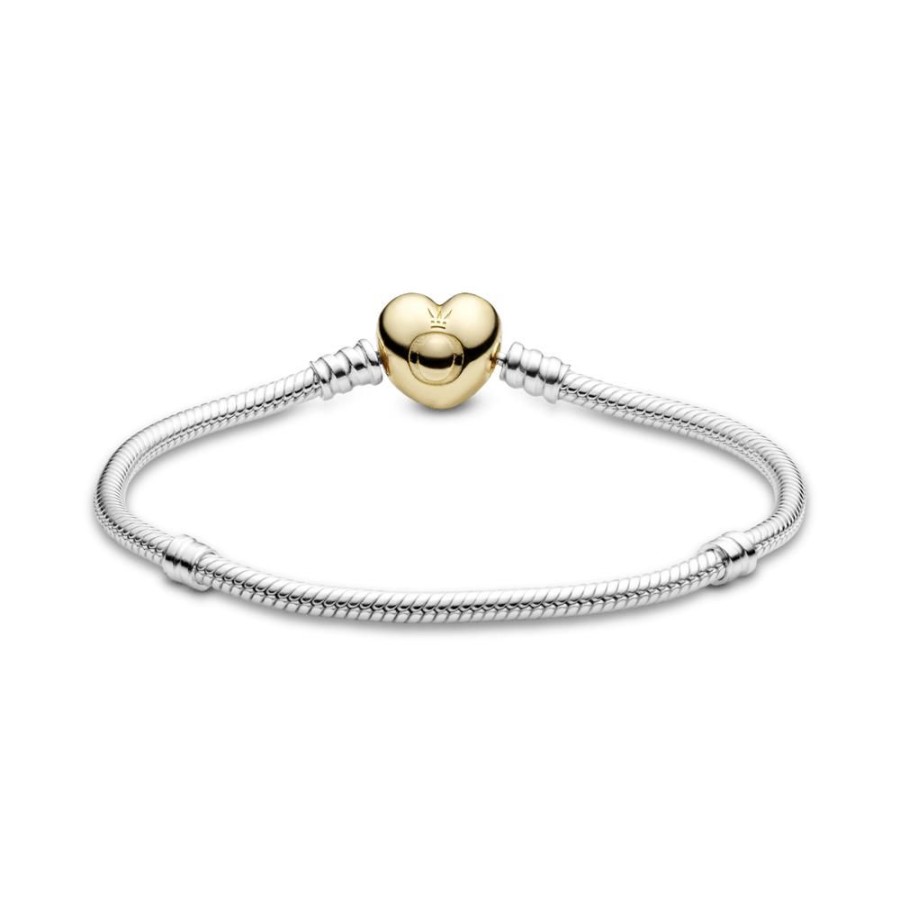 Brazaletes Joyas Pandora | Brazalete Pandora Moments Cadena De Serpiente Con Broche De Corazon Recubrimiento En Oro De 14K Amor Y Romance