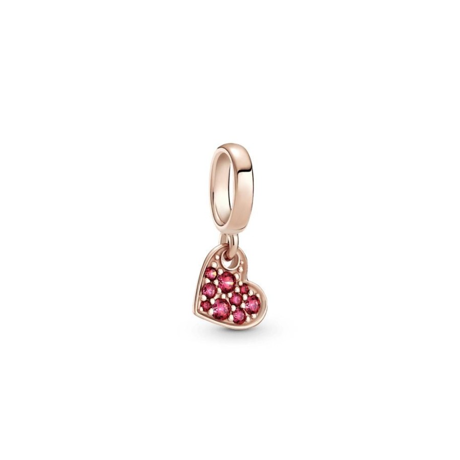 Charms Joyas Pandora | Charm Colgante Corazon Inclinado En Pave Rojo Recubrimiento En Oro Rosa De 14K