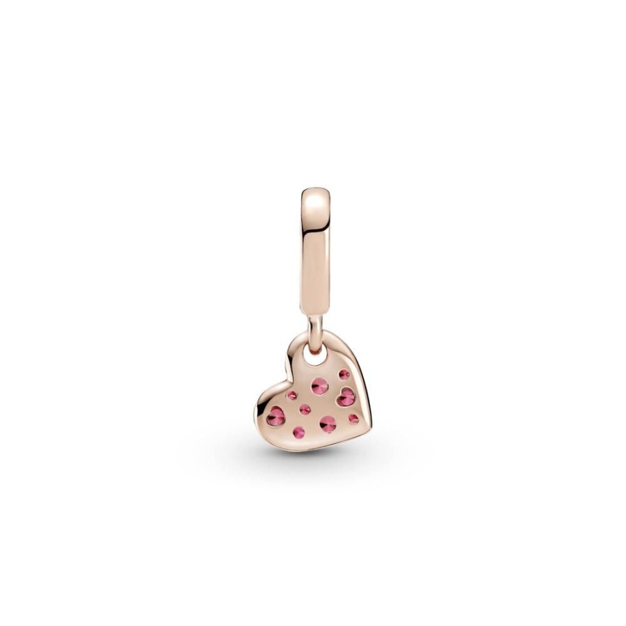 Charms Joyas Pandora | Charm Colgante Corazon Inclinado En Pave Rojo Recubrimiento En Oro Rosa De 14K