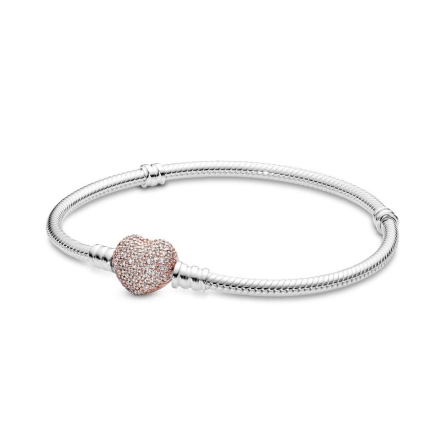 Brazaletes Joyas Pandora | Brazalete Pandora Moments Cadena De Serpiente Con Broche De Corazon Recubrimiento En Oro Rosa De 14K