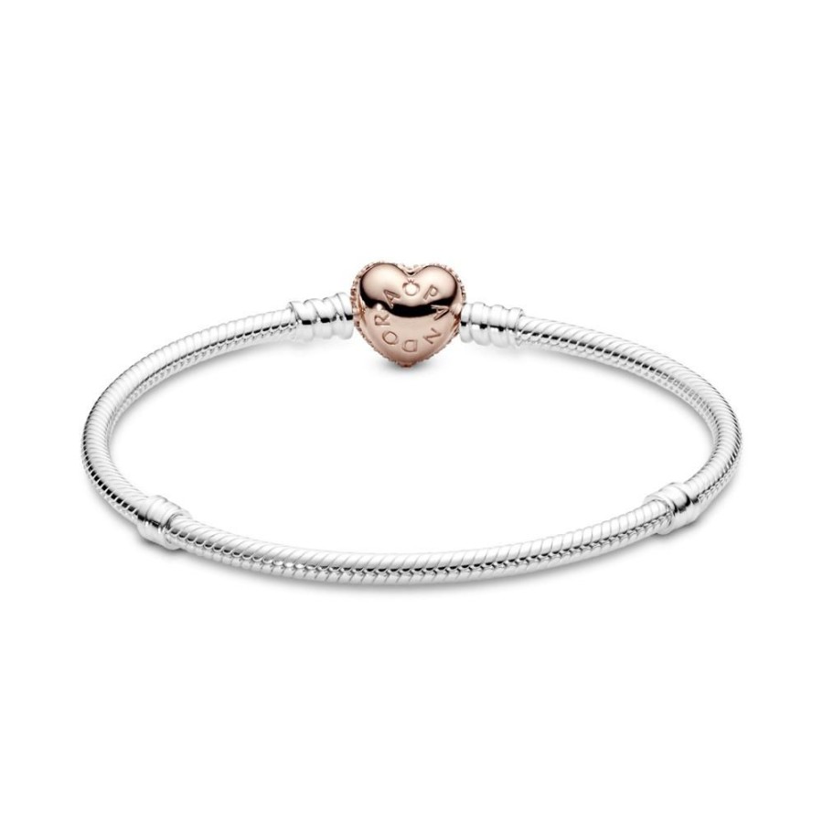 Brazaletes Joyas Pandora | Brazalete Pandora Moments Cadena De Serpiente Con Broche De Corazon Recubrimiento En Oro Rosa De 14K