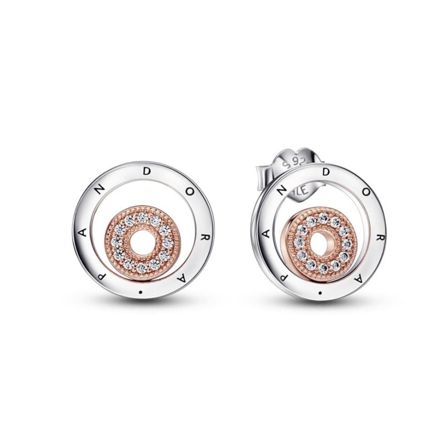 Aretes Joyas Pandora | Aretes De Boton Circulos De Dos Tonos Con Logotipo Pandora Signature