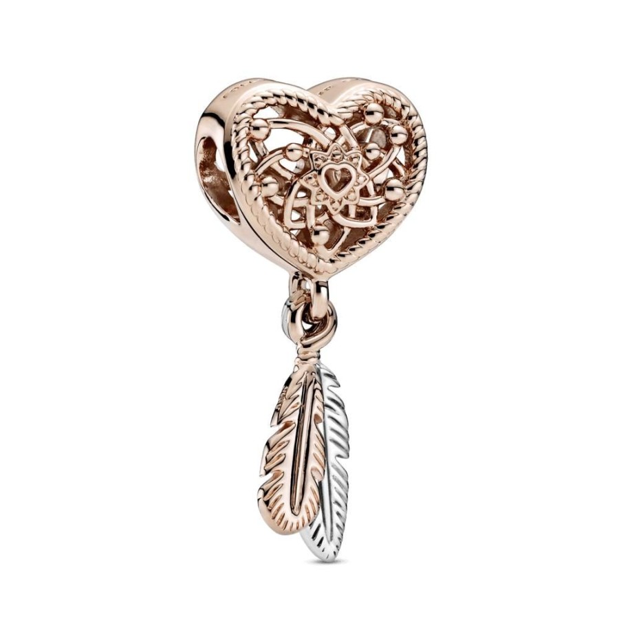 Charms Joyas Pandora | Charm Atrapasuenos De Corazones Y Dos Plumas Recubrimiento En Oro Rosa De 14K