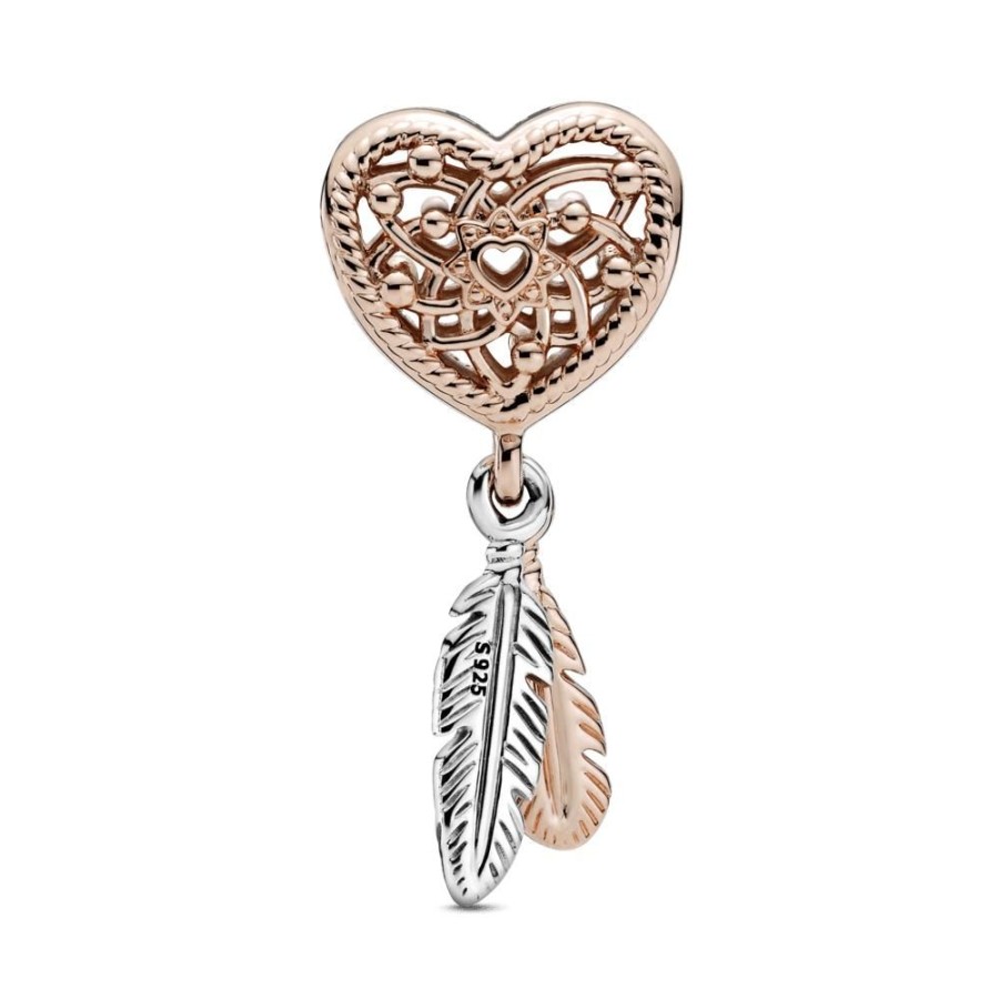 Charms Joyas Pandora | Charm Atrapasuenos De Corazones Y Dos Plumas Recubrimiento En Oro Rosa De 14K