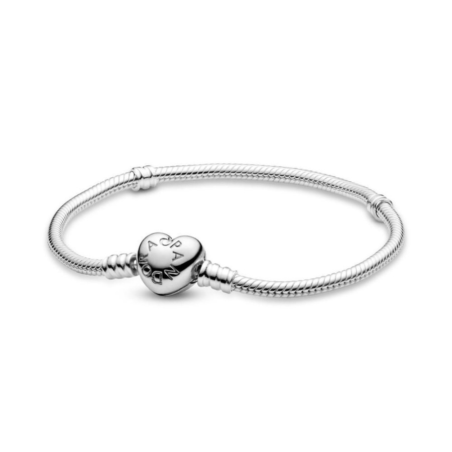 Brazaletes Joyas Pandora | Brazalete Pandora Moments Cadena De Serpiente Con Broche De Corazon Plata