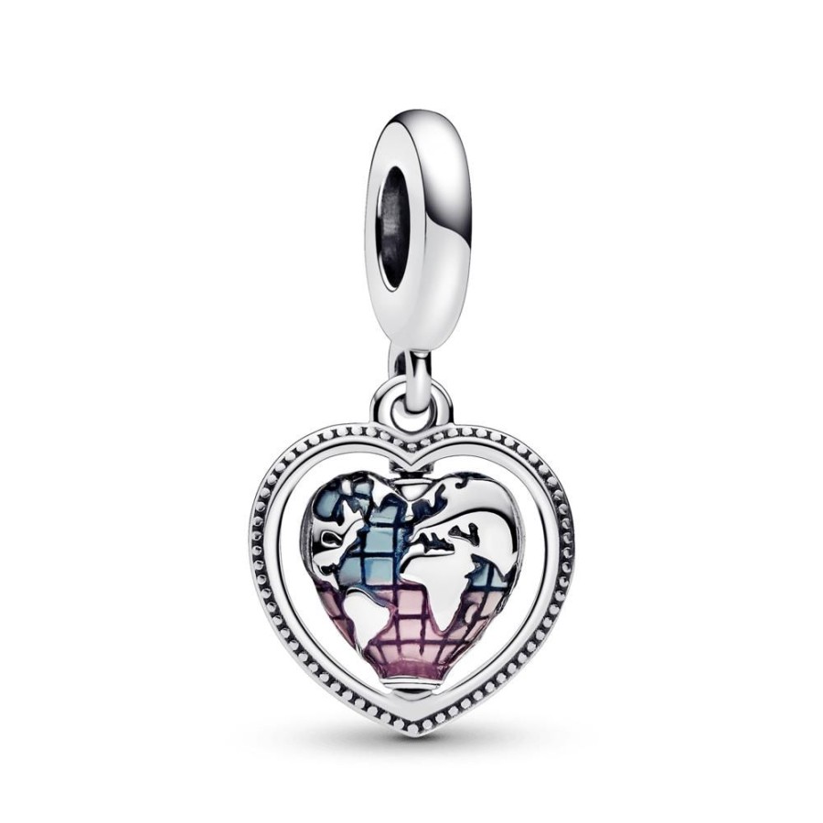 Charms Joyas Pandora | Charm Colgante De Familia Globo Terraqueo Giratorio Y Corazon Pandora Plata Esterlina